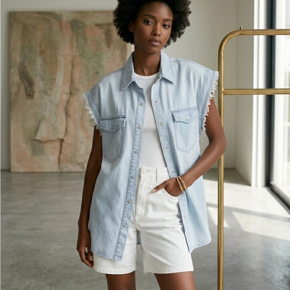 Sleeveless Light Wash Denim Button-Down Shirt - Women